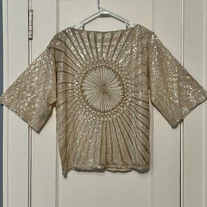 Vintage St. Martin beaded blouse gold and white medallion starburst glam